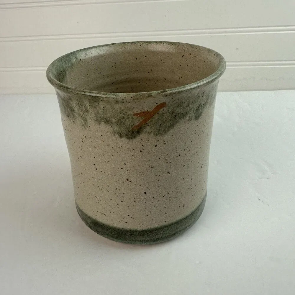 Artisan Utensil Holder Stoneware Art Pottery Crock Painted Tree Green Brown Boho